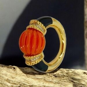 18k Gold Plated Luxury Designer Black Enamel Coral Melonball Cabochon Ring